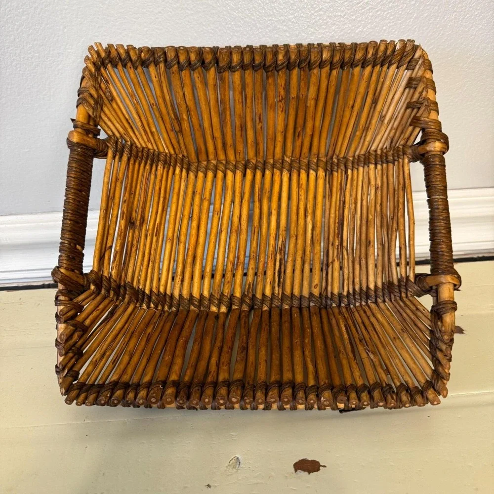 Vintage Pencil Reed Bamboo Square Basket Handles Two Tone‎ MCM Approximately 9